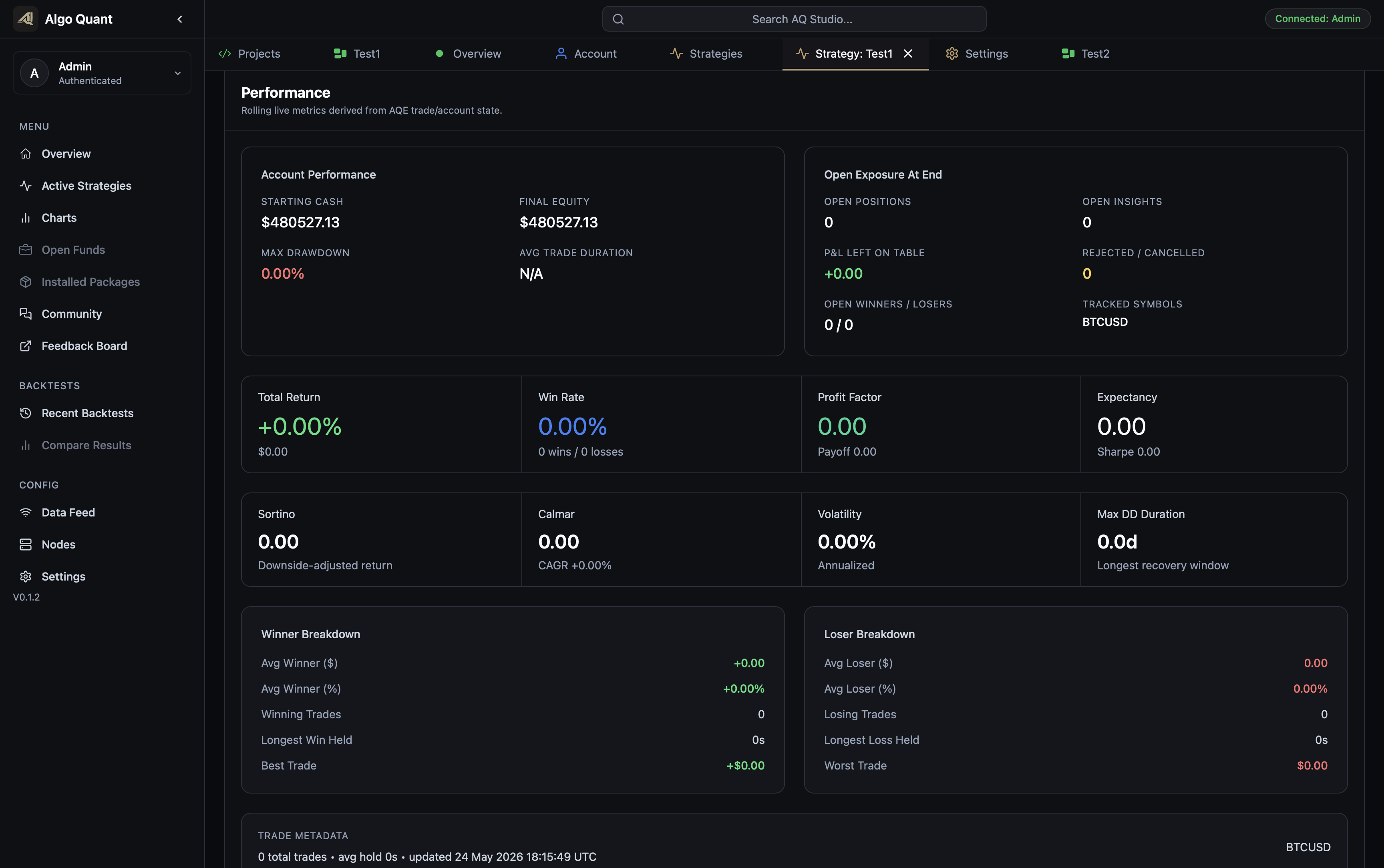 AQS strategy detail view showing account state, events, and live strategy information.