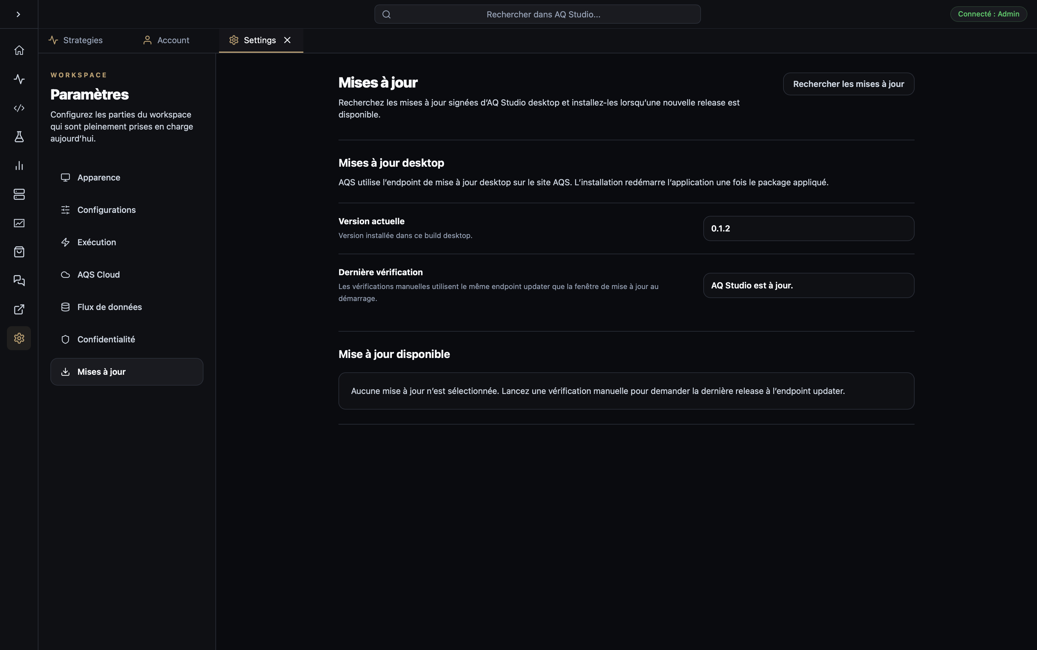 AQS Updates settings showing the current version and update check controls.